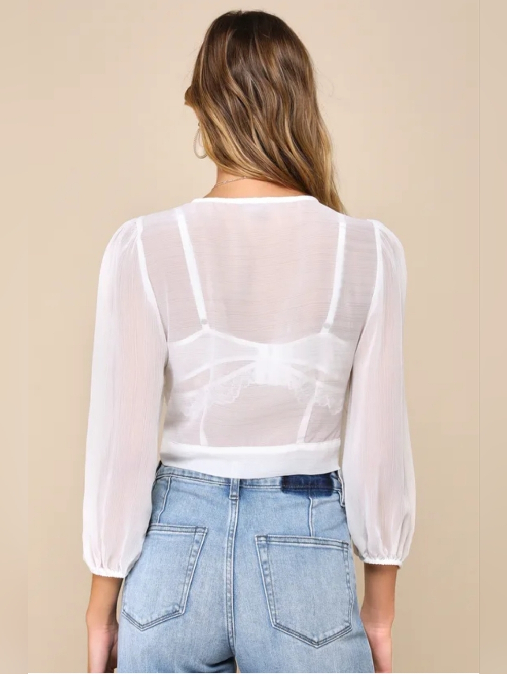 Lulus In the Breeze White Sheer Tie Front Top XL NWT Balloon Sleeve Boho Blouse - Picture 5 of 10